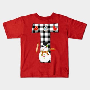 BW Buffalo Checks Pattern Monogram T | Snowman Kids T-Shirt